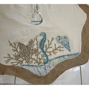 Coastal Collection Christmas Tree Skirt Beach Beaded Seahorse Starfish Burlap